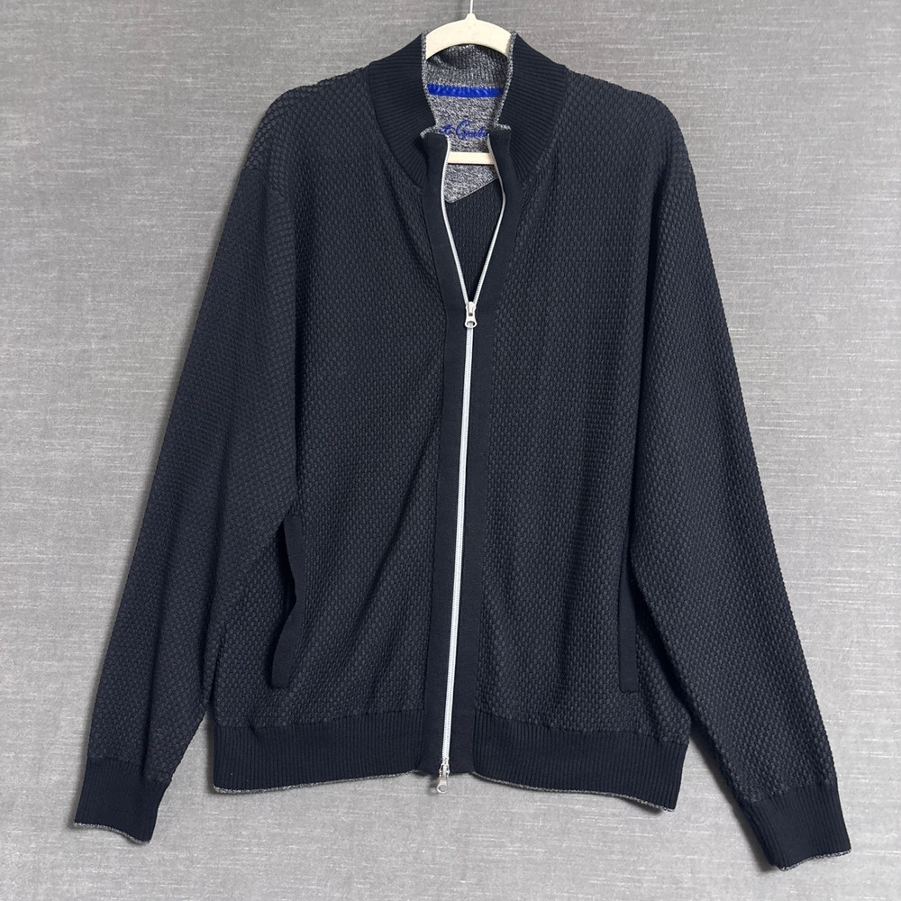 Robert Graham Cardigan L Classic Black Waffle Knit Full Zip Sweater Bomber